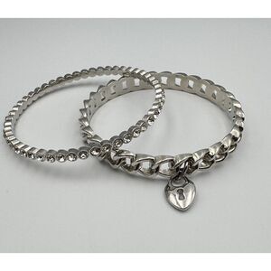 Set of 2 Graziano CN Silver Tone Stack Bangle Bracelets Pave Rhinestones 8.5